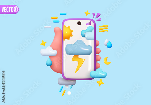 Weather in mobile phone. Online weather app. Hand holding modern smartphone. Creative concept idea. Realistic 3d design. Vector illustration