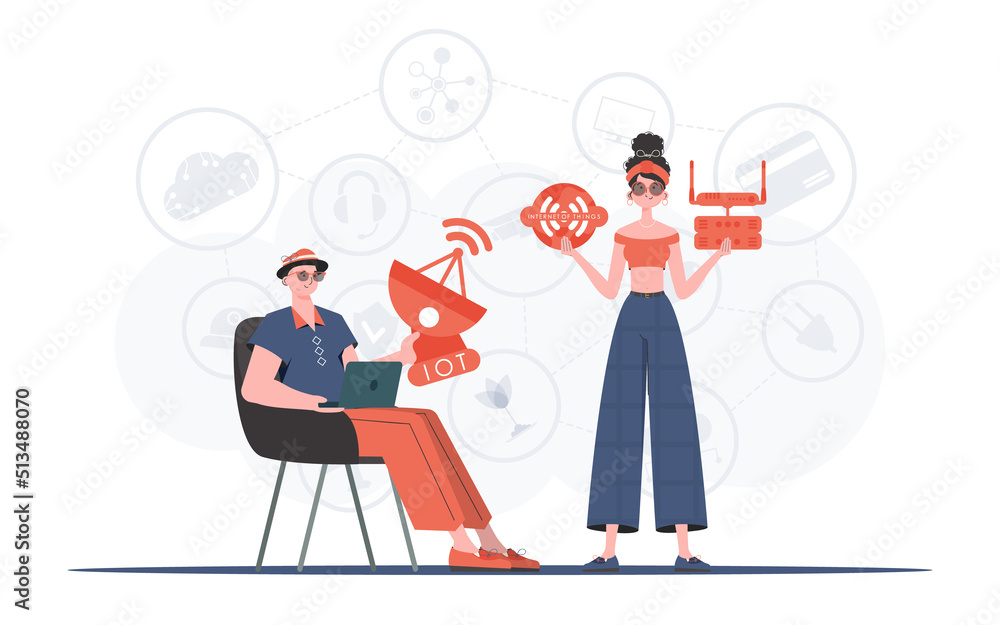 Internet of things and automation concept. The girl and the guy are a team in the field of IoT. Good for websites and presentations. Vector illustration in trendy flat style. Internet of things and automation concept. The girl and the guy are a team in the field of IoT. Good for websites and presentations. Vector illustration in trendy flat style.
