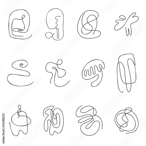 Contemporary abstract one continuous line scribbles set. Twirl dash scroll stroke or quirk. Whorl curved wavy bizarre elements for aesthetic posters home decor wall art vector illustration