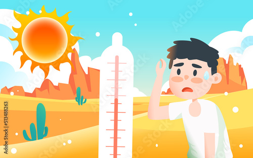 Too hot in summer character heat stroke, high temperature warning, hot summer day, vector illustration