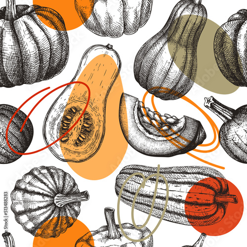 Sketched pumpkin seamless pattern. Thanksgiving day wall design. Autumn food background. Vector vegetables, butternut squash, marrow, pumpkin slice sketches. Fall harvest festival backdrop