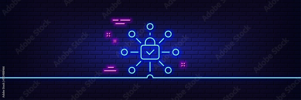 Neon light glow effect. Security lock line icon. Cyber defence sign. Private protection symbol. 3d line neon glow icon. Brick wall banner. Security lock outline. Vector Neon light glow effect. Security lock line icon. Cyber defence sign. Private protection symbol. 3d line neon glow icon. Brick wall banner. Security lock outline. Vector