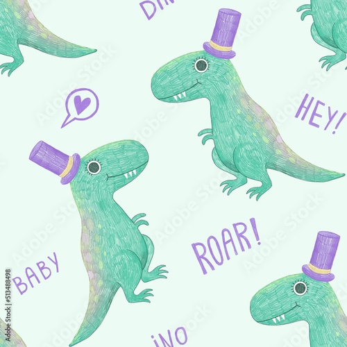 Cute Tyrannosaur Seamless Pattern. Tyrannosaurus rex in a purple cylinder hat, saying Roar! T-Rex dinosaur children illustration on green background for wallpapers, gift paper, textile fabric design. 