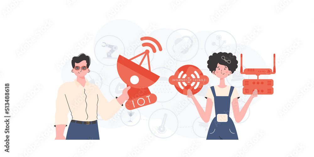 IOT and automation concept. A man and a woman are a team in the field of the Internet of things. Good for presentations and websites. Vector illustration in flat style. IOT and automation concept. A man and a woman are a team in the field of the Internet of things. Good for presentations and websites. Vector illustration in flat style.