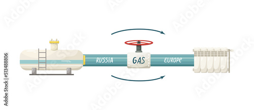 Vector illustration of a gas pipe from Russia to Europe. Gas supply. The embargo on the supply of gas from Russia. Gas tank and heating radiator