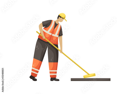 Vector illustration of a pit in asphalt fenced with a fence and a sign. Road works