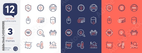 Set of Fake news, Quick tips and Fahrenheit thermometer line icons. Include Idea, Fair trade, Energy icons. Check investment, Bitcoin chart, Tips web elements. Inspect, Drop counter, Swipe up. Vector