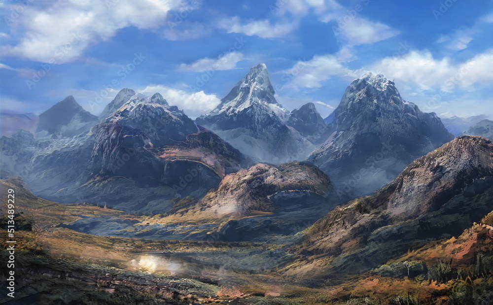 Fantastic Epic Magical Landscape of Mountains. Summer nature. Mystic Valley, tundra. Gaming assets. Celtic Medieval RPG background. Rocks and grass. Beautiful sky with clouds. Green forest