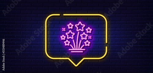 Neon light speech bubble. Fireworks stars line icon. Pyrotechnic salute sign. Carnival celebration lights symbol. Neon light background. Fireworks stars glow line. Brick wall banner. Vector