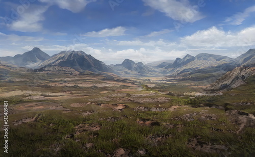 Fantastic Epic Magical Landscape of Mountains. Summer nature. Mystic Valley, tundra. Gaming assets. Celtic Medieval RPG background. Rocks and grass. Beautiful sky with clouds. Green forest