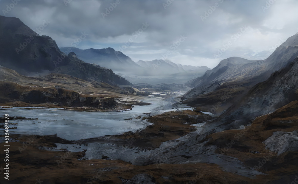 Fantastic Epic Magical Landscape of Mountains. Summer nature. Mystic Valley, tundra, forest. Gaming assets. Celtic Medieval RPG background. Rocks and grass. Beautiful sky and clouds. Lakes and rivers