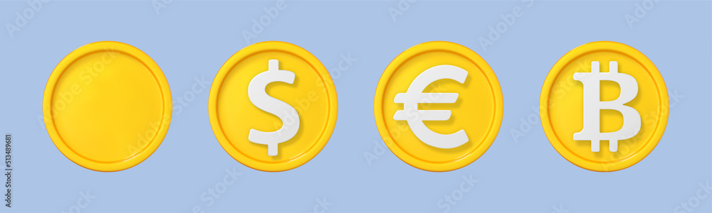 Fototapeta premium 3D cartoon gold coin icons set. Coins with signs different currencies. Vector 3d illustration