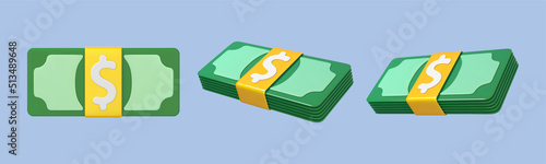 3D cartoon bundles of money on blue background. Money-saving, cashless. Concept for money profit investment and savings. Vector 3d illustration
