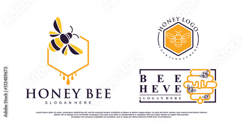 Set of honey bee animals logo design with creative element Premium Vector