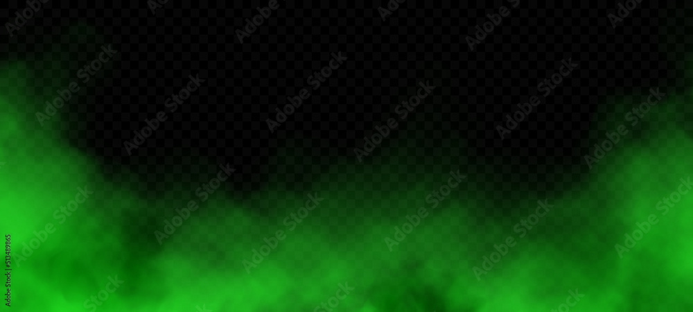 Green smoke or mist isolated on transparent background. Realistic green bad smell. Magic mist cloud. Chemical toxic gas. Realistic vector illustration.