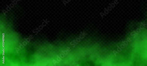 Green smoke or mist isolated on transparent background. Realistic green bad smell. Magic mist cloud. Chemical toxic gas. Realistic vector illustration.