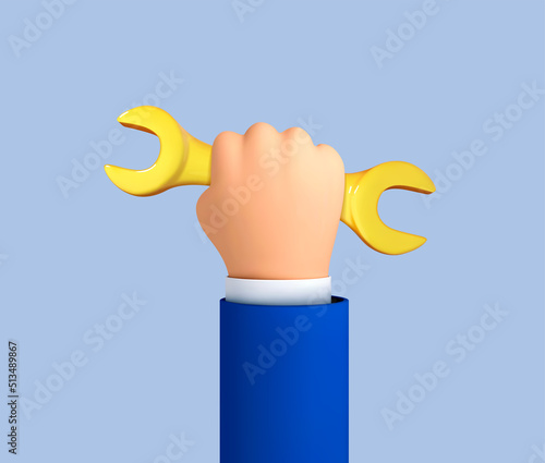 3D cartoon hand holding wrench tool isolated on blue background. Vector 3d illustration