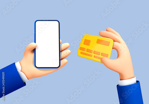 3D cartoon hands holding mobile phone and credit card. Online payment concept. Vector 3d illustration