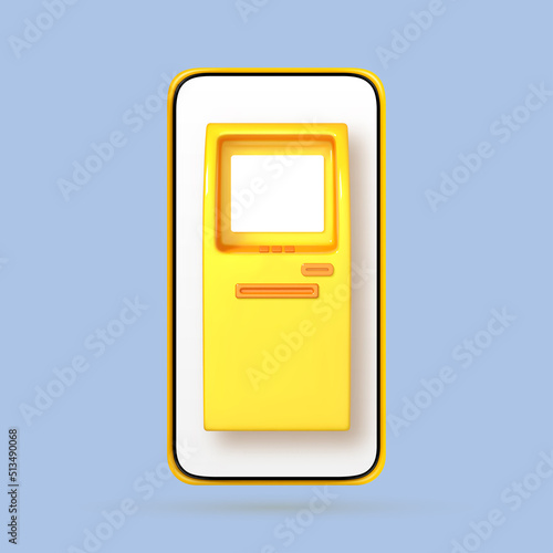 ATM machine on smartphone. Payment online financial transactions. 3D cartoon financial concept. Vector 3d illustration.