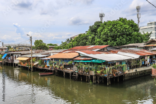 Klong Bang Luang Community,Phasi Charoen District,Bangkok,Thailand on June 26,2020:Old-fashioned houses along Klong Bangkok Yai(Klong Bang Luang).