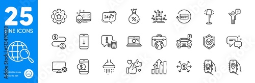 Outline icons set. Parking, Dollar exchange and Refund commission icons. Loan, Analysis graph, Scroll down web elements. Confirmed, Puzzle options, Monitor settings signs. Stand lamp. Vector