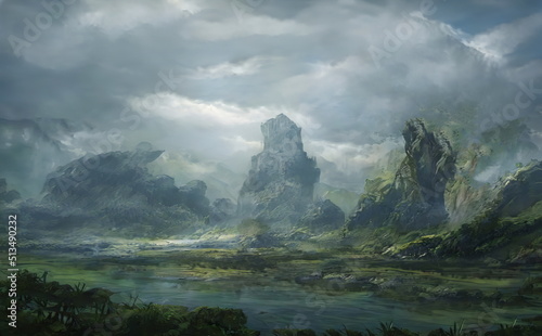 Fantastic Epic Magical Landscape of Mountains. Summer nature. Mystic Valley, tundra. Gaming assets. Celtic Medieval RPG background. Rocks and grass. Beautiful sky with clouds. Green forest