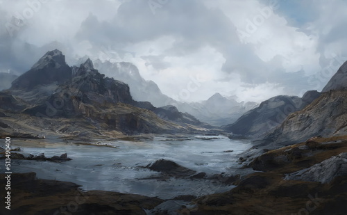 Fantastic Epic Magical Landscape of Mountains. Summer nature. Mystic Valley, tundra, forest. Gaming assets. Celtic Medieval RPG background. Rocks and grass. Beautiful sky and clouds. Lakes and rivers 