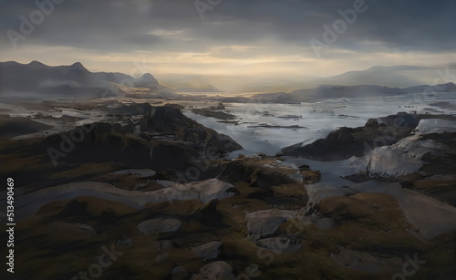 Fantastic Epic Magical Landscape of Mountains. Summer nature. Mystic Valley, tundra, forest. Gaming assets. Celtic Medieval RPG background. Rocks and grass. Beautiful sky and clouds. Lakes and rivers 