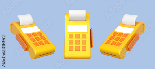 3D cartoon payment terminal. POS terminal with check. Financial transactions concept. Vector 3d illustration