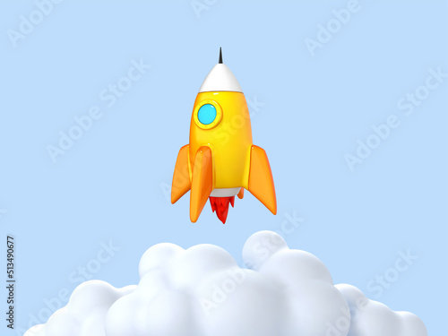 3D cartoon rocket launch on blue background. Business startup concept. Space shuttle for startup business concept. Vector 3d illustration