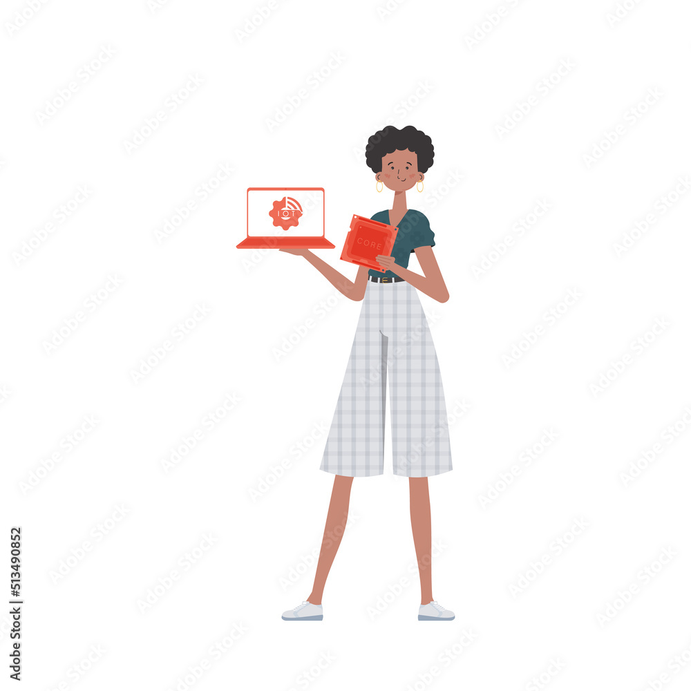 A woman holds a laptop and a processor chip in her hands. Internet of things and automation concept. Isolated. Vector. A woman holds a laptop and a processor chip in her hands. Internet of things and automation concept. Isolated. Vector.