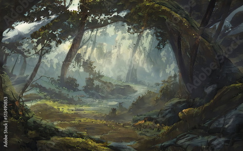 Fantastic Epic Magical Forest Landscape. Summer beautiful mystic nature. Gaming assets. Celtic Medieval RPG background. Rocks and green trees. Rivers and streams. Sky with clouds.  Green Forest