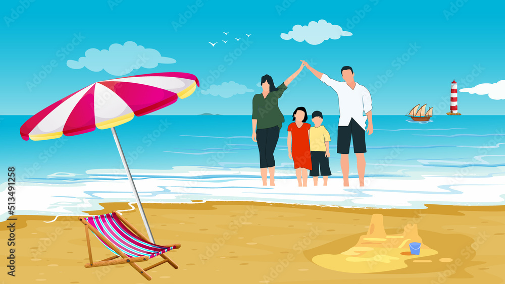 Fototapeta premium Travelling with family. Family trip in holiday. Beach with people enjoy their holiday vacation.