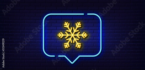 Neon light speech bubble. Air conditioning line icon. Snowflake sign. Hotel service symbol. Neon light background. Air conditioning glow line. Brick wall banner. Vector