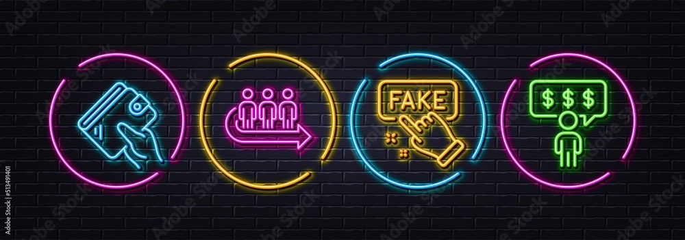 Wallet, Fake information and Queue minimal line icons. Neon laser 3d lights. Employee benefits icons. For web, application, printing. Money budget, False truth, People waiting. Salary man. Vector
