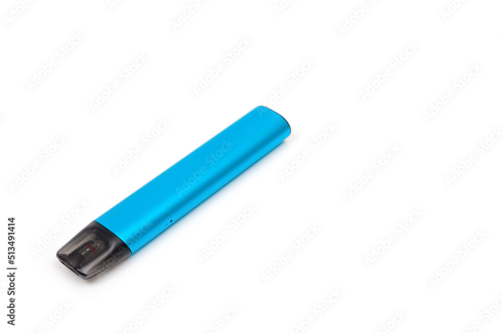 A reusable electronic cigarette with a replaceable cartridge in a blue body, photographed against a white background. A reusable electronic cigarette with a replaceable cartridge in a blue body, photographed against a white background.