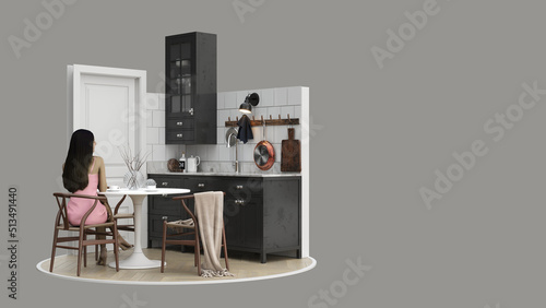 3d image girl in kitchen alone