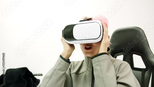 Female used VR Headset at Living Room