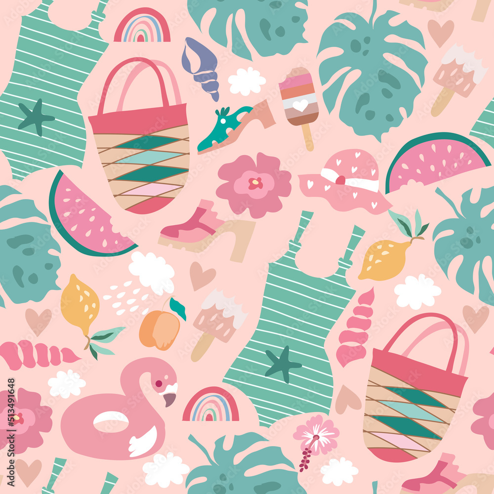 Summer  seamless pattern  with   palm trees, tropical leaves  flowers. Exotic modern fashion design for textile, wallpaper, wall art, web site, fabric  Vector illustration