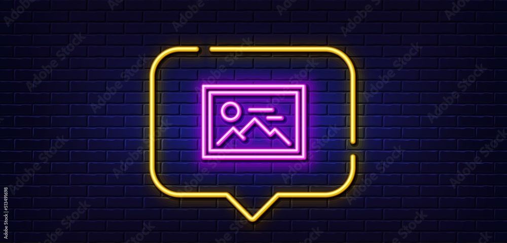 Neon light speech bubble. Photo line icon. Image thumbnail sign. Picture placeholder symbol. Neon light background. Photo glow line. Brick wall banner. Vector Neon light speech bubble. Photo line icon. Image thumbnail sign. Picture placeholder symbol. Neon light background. Photo glow line. Brick wall banner. Vector