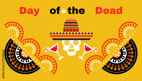 Dia de Los Muertos, Day of the Dead or Halloween greeting card,. Sugar skulls, guitar, sombrero and marigold flowers, Catrina Calavera traditional mexico skeleton decoration Vector illustration.