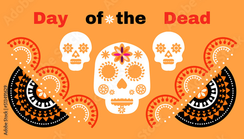 Dia de Los Muertos, Day of the Dead or Halloween greeting card,. Sugar skulls, guitar, sombrero and marigold flowers, Catrina Calavera traditional mexico skeleton decoration Vector illustration.