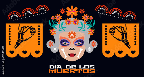 Dia de Los Muertos, Day of the Dead or Halloween greeting card,. Sugar skulls,  guitar, sombrero and  marigold flowers, Catrina Calavera traditional mexico skeleton decoration Vector illustration.