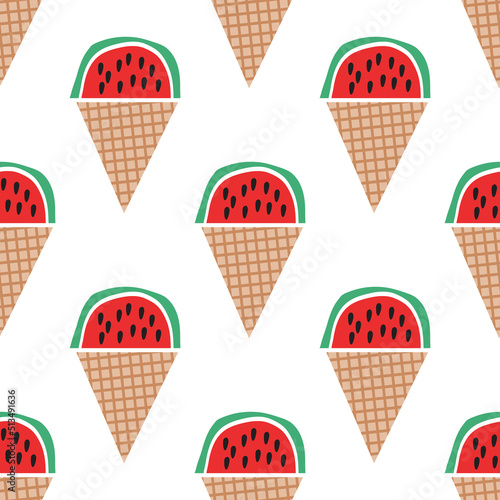 Summer Seamless pattern with  ice cream,  waffle,  fruits. Watermelon, banana, strawberry  Vector illustration in flat cartoon style. photo