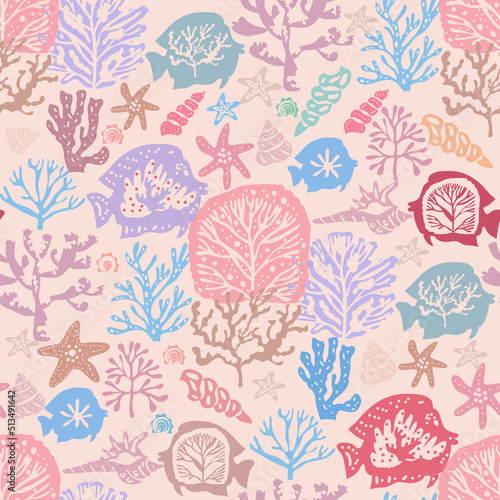 Beautiful seamless pattern with seaweeds, Sea underwater plants, ocean coral reef and aquatic kelp, sea star, algae, seashells, jellyfish. Marine  background  Vector illustration