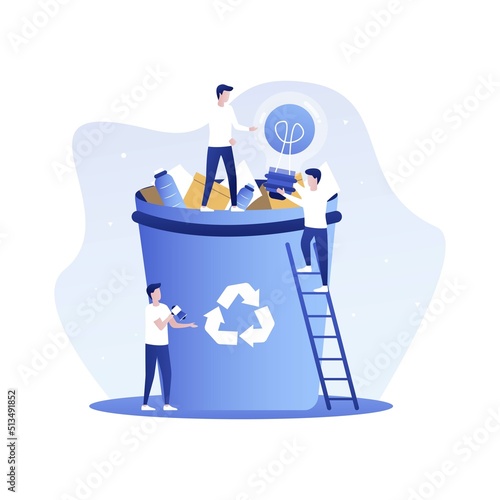 Vector creative illustration of business graphics, the employee is engaged in the processing of garbage, flat colored icons, protection of the environment, small people are throwing garbage.