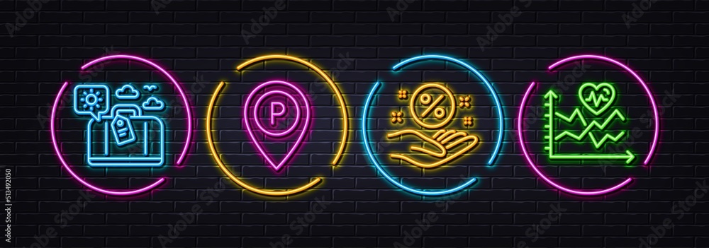 Travel luggage, Parking and Loan percent minimal line icons. Neon laser 3d lights. Cardio training icons. For web, application, printing. Trip bag, Park pointer, Discount hand. Vector