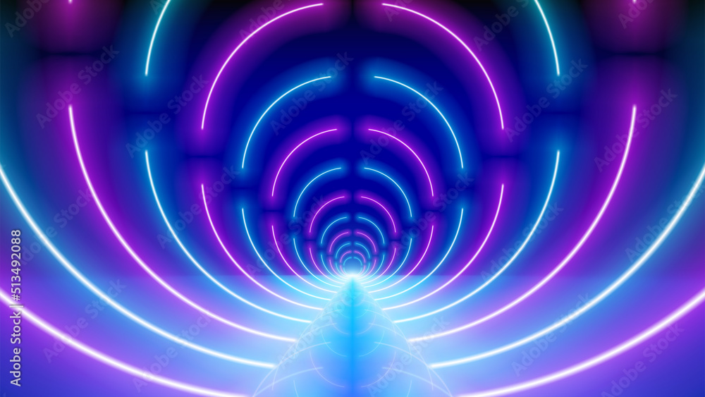 Glowing neon lines, led tunnel. Abstract technological background, virtual reality. Pink blue purple neon corridor of circles, perspective. Ultraviolet bright glow. Vector illustration Glowing neon lines, led tunnel. Abstract technological background, virtual reality. Pink blue purple neon corridor of circles, perspective. Ultraviolet bright glow. Vector illustration