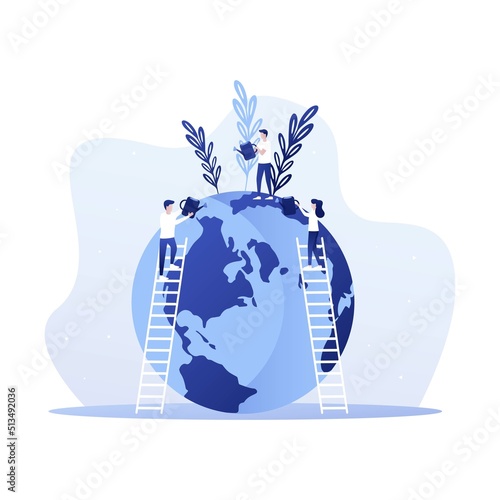 Group of people or ecologists taking care of Earth and saving planet. Environmental protection, use of eco friendly or sustainable technology, green renewable energy. Flat vector illustration.
