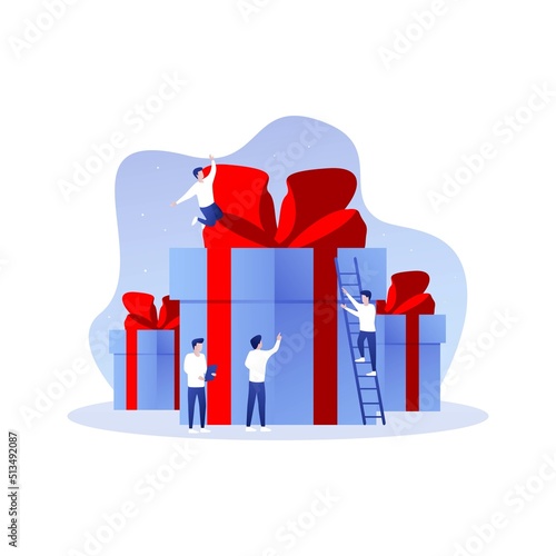 Online reward , Group of happy people receive a gift box vector illustration concept, digital referral program, can use for, landing page, template, ui, web, homepage, poster, banner, flyer, coupon.